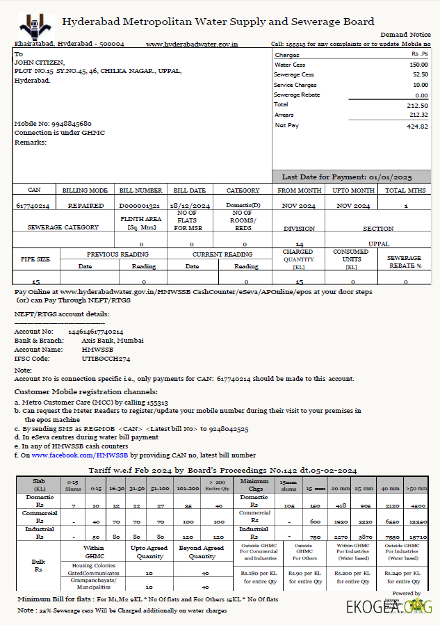 India Hyderabad Metropolitan Water Supply and Sewerage Board utility bill template in Word and PDF formats